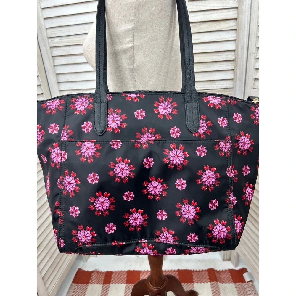 Michael Kors Nylon Kelsey Tote Bag Black & Pink Gem Floral Laptop Bag Work Purse
